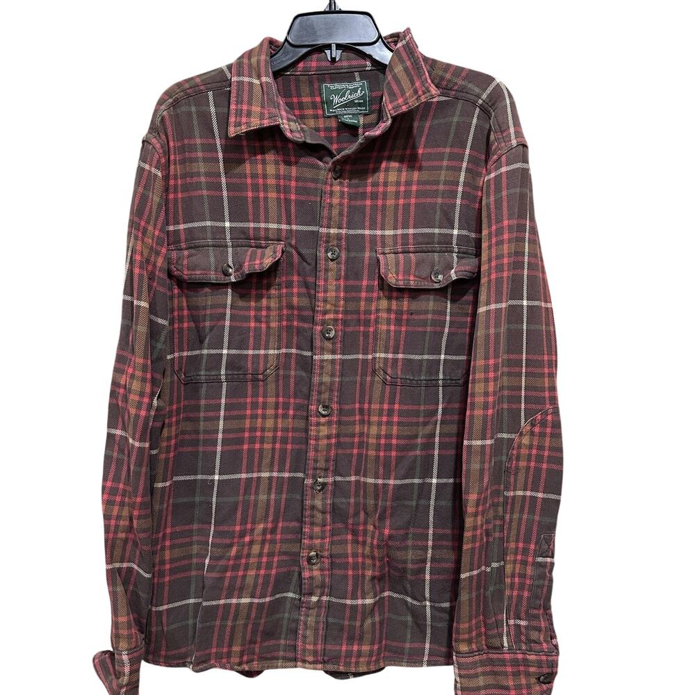 Woolrich Shirt Men L Brown Orange Green Plaid Flannel Button Down Long Sleeve